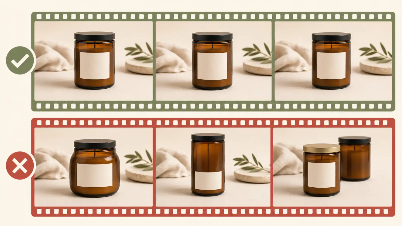 A frame-by-frame product review accepts consistent outputs and rejects warped shapes, changed packaging, and duplicate items.
