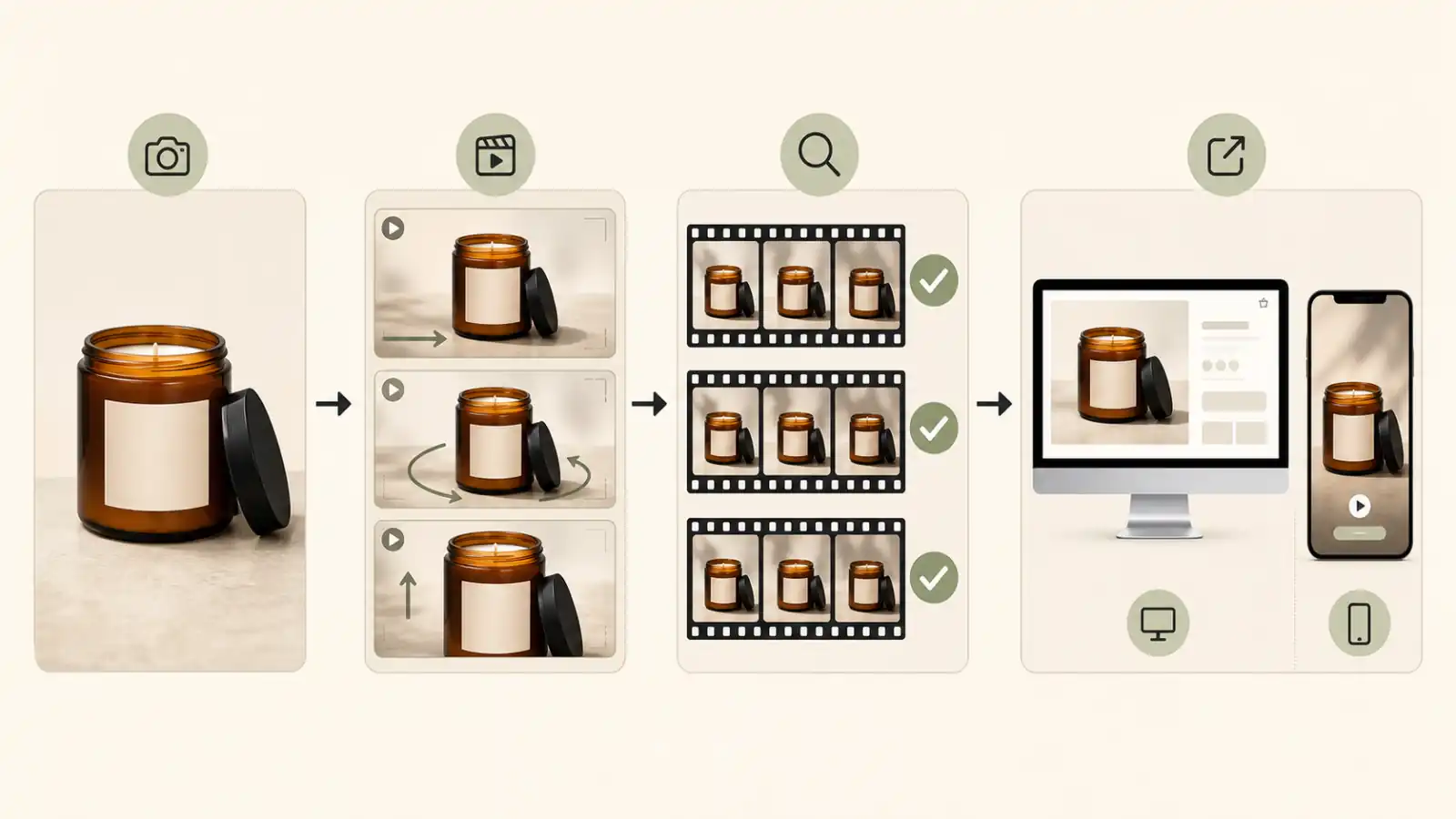 One product image moves through controlled variations, quality review, and channel-specific exports.