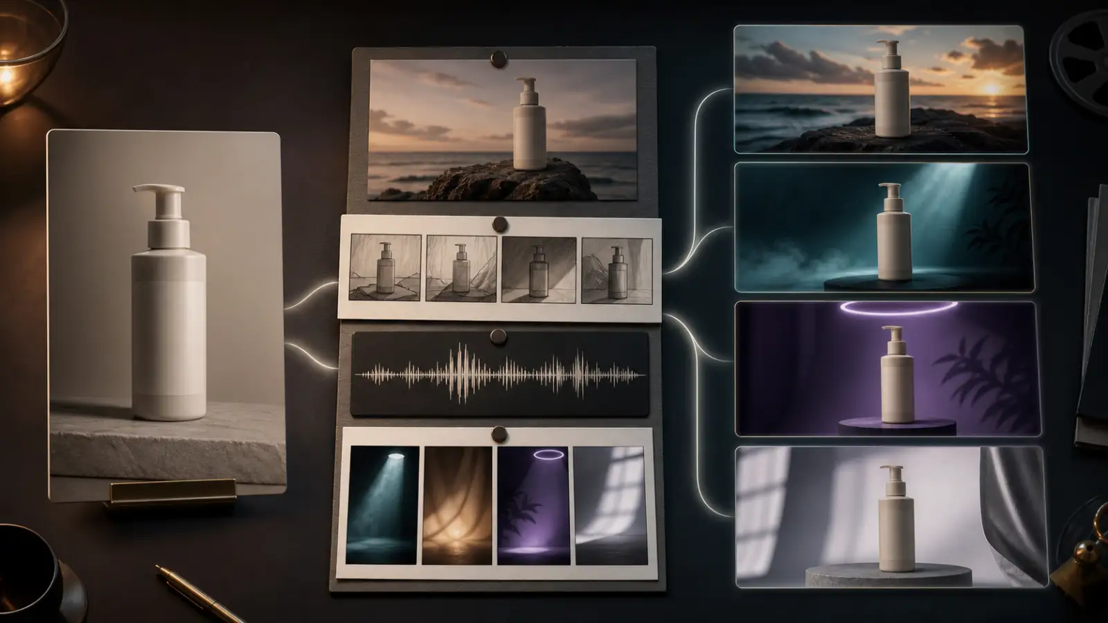 A neutral product-video model comparison workspace with one product asset feeding four creative routes
