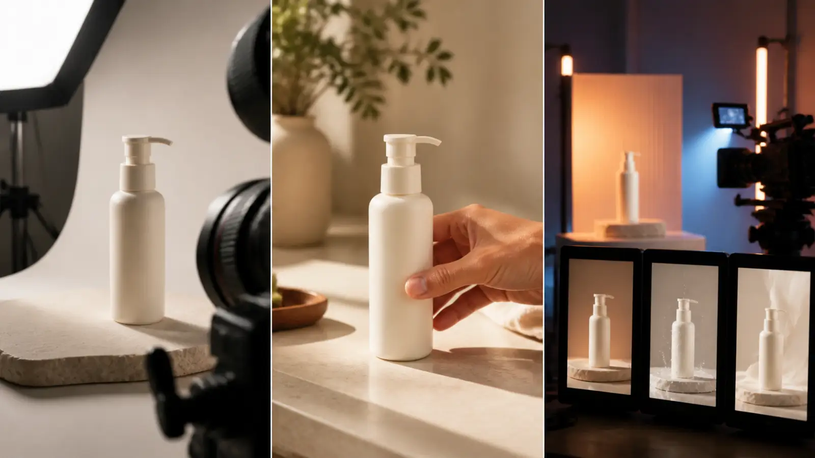 Three practical product-video test scenes: a studio hero shot, a human-product interaction, and a vertical social ad sequence