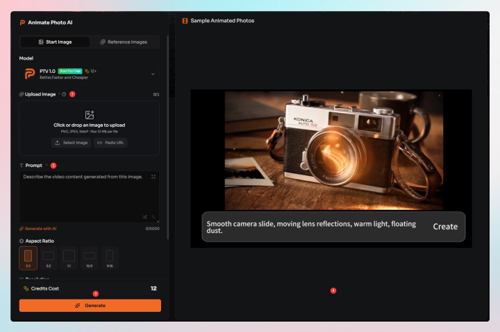 Photo animation workflow inside PhotoToVideoAI