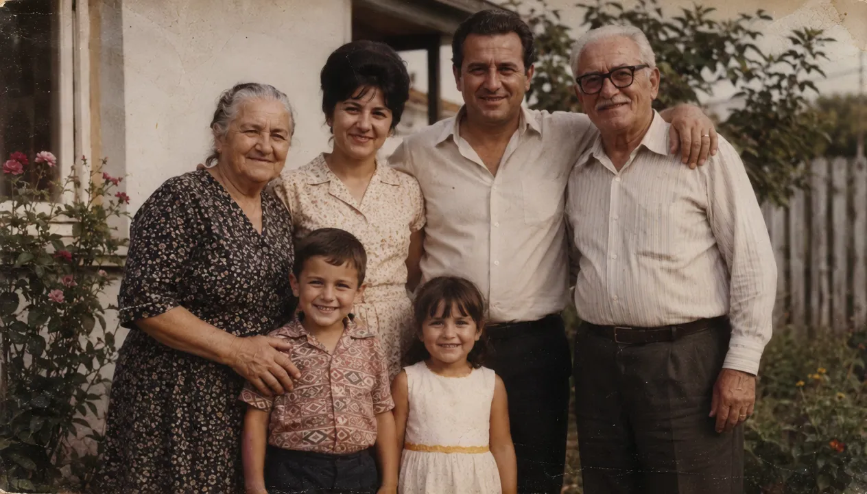 three-generation family group photo before AI animation